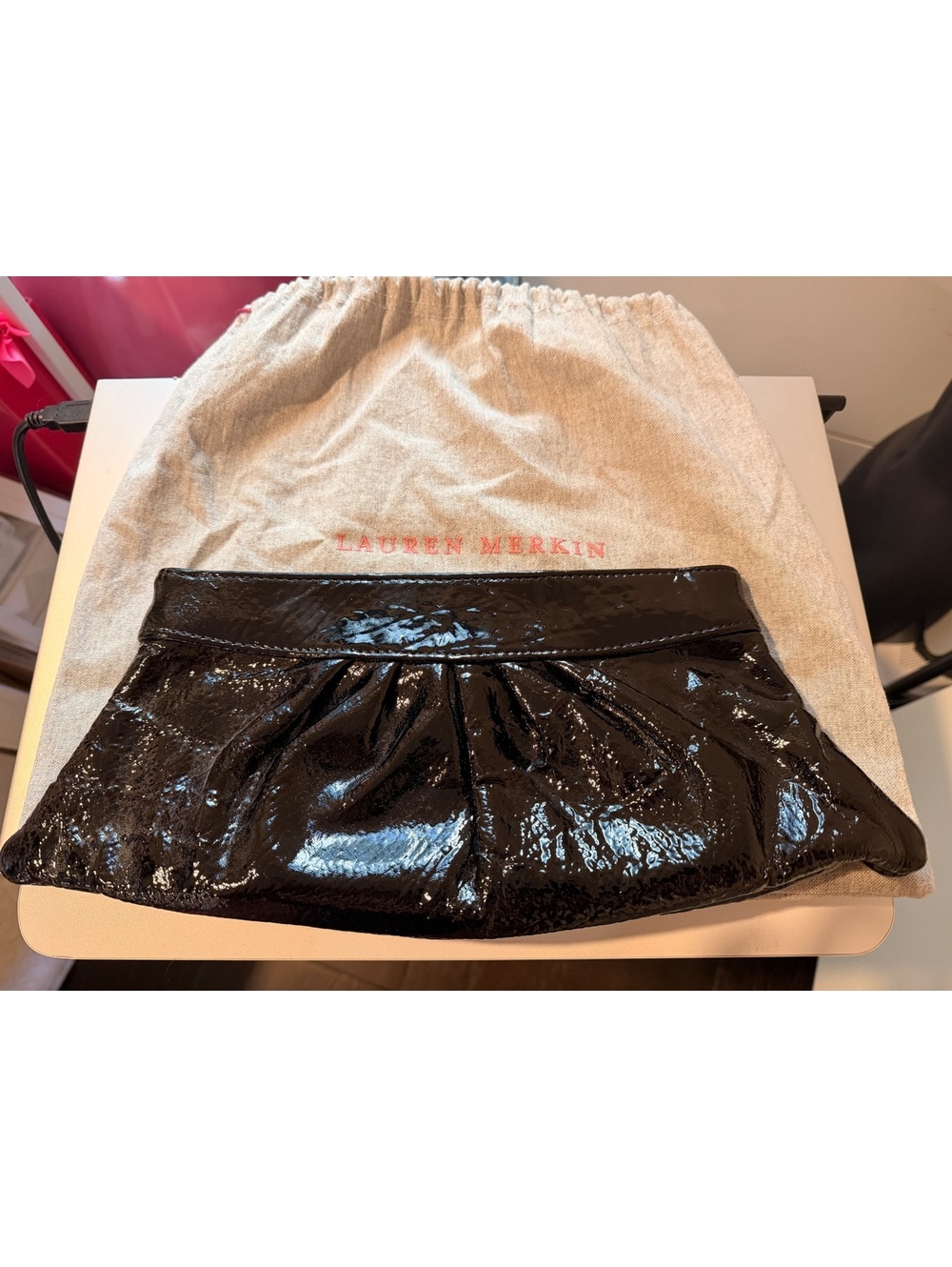 Lauren Merkin Louise Black Patent Clutch with Dust Bag
